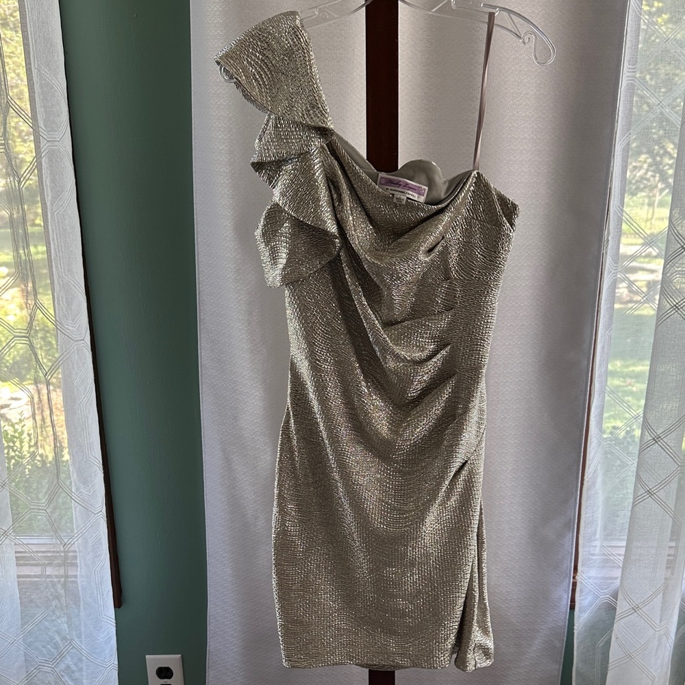 Adrianna Papell Glittering Silver One-Shoulder Dress
